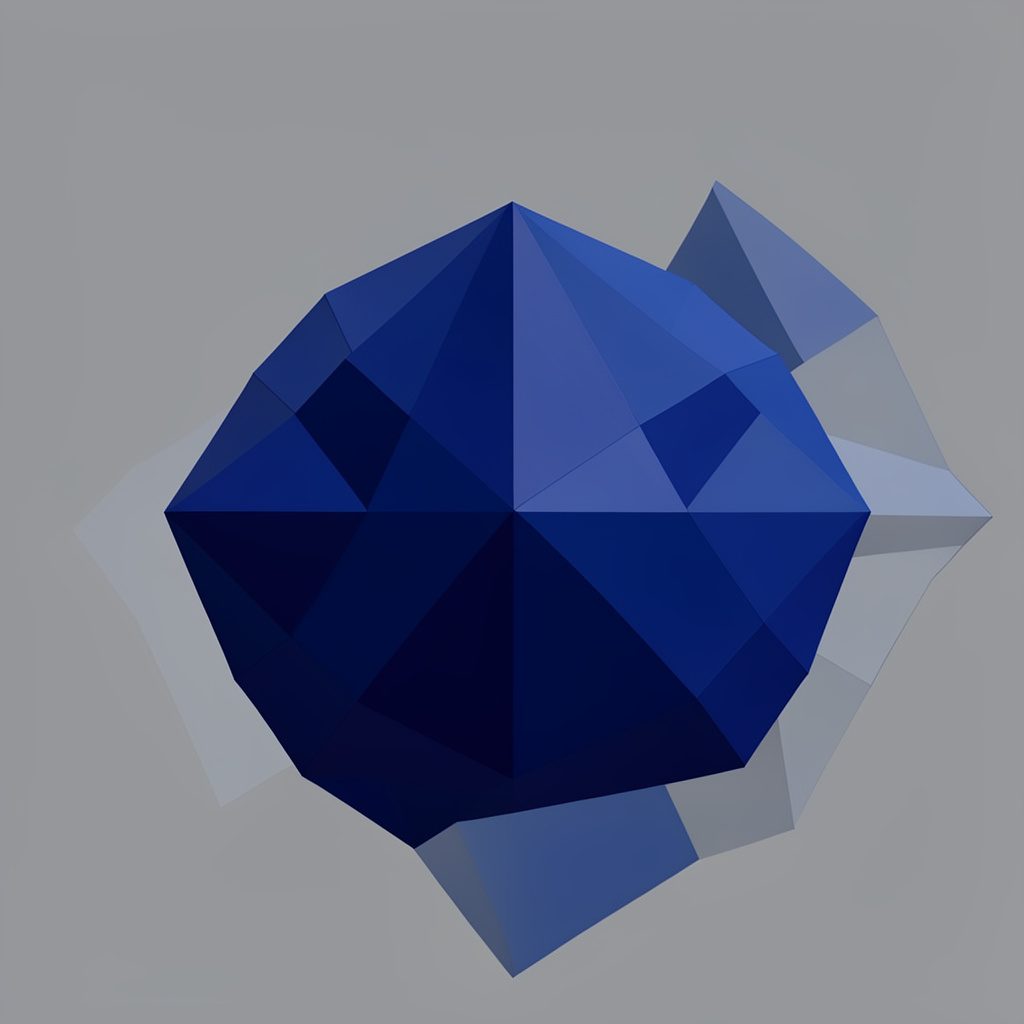 Low-poly faceted geometric render in deep blue and warm gold tones, suggesting financial and business environments