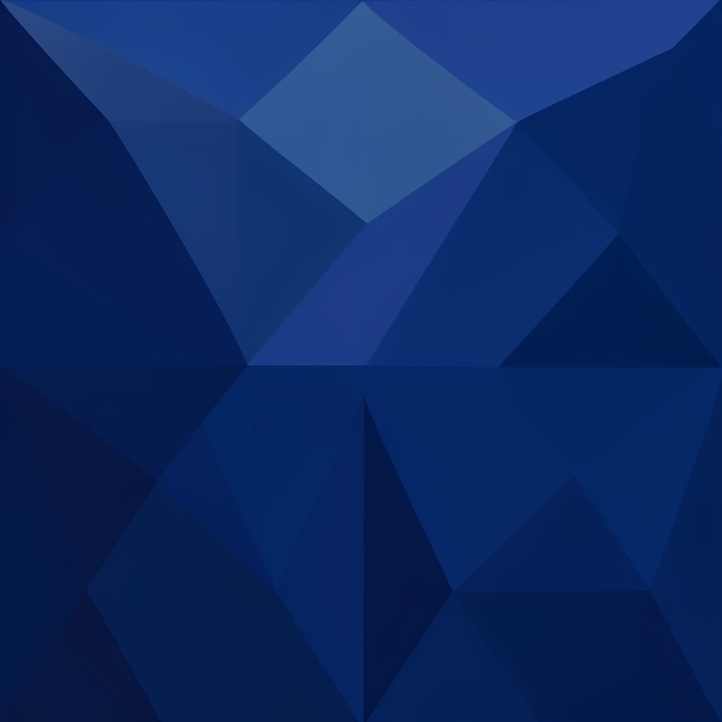 Low-poly faceted geometric render in deep navy with a bright cyan-to-blue glow concentrated at the upper right, set against near-black facets, calm and corporate.