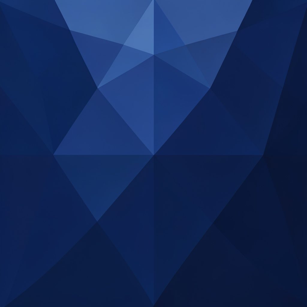 Low-poly faceted geometric render in muted steel blue and soft pale gray, calm and corporate mood.