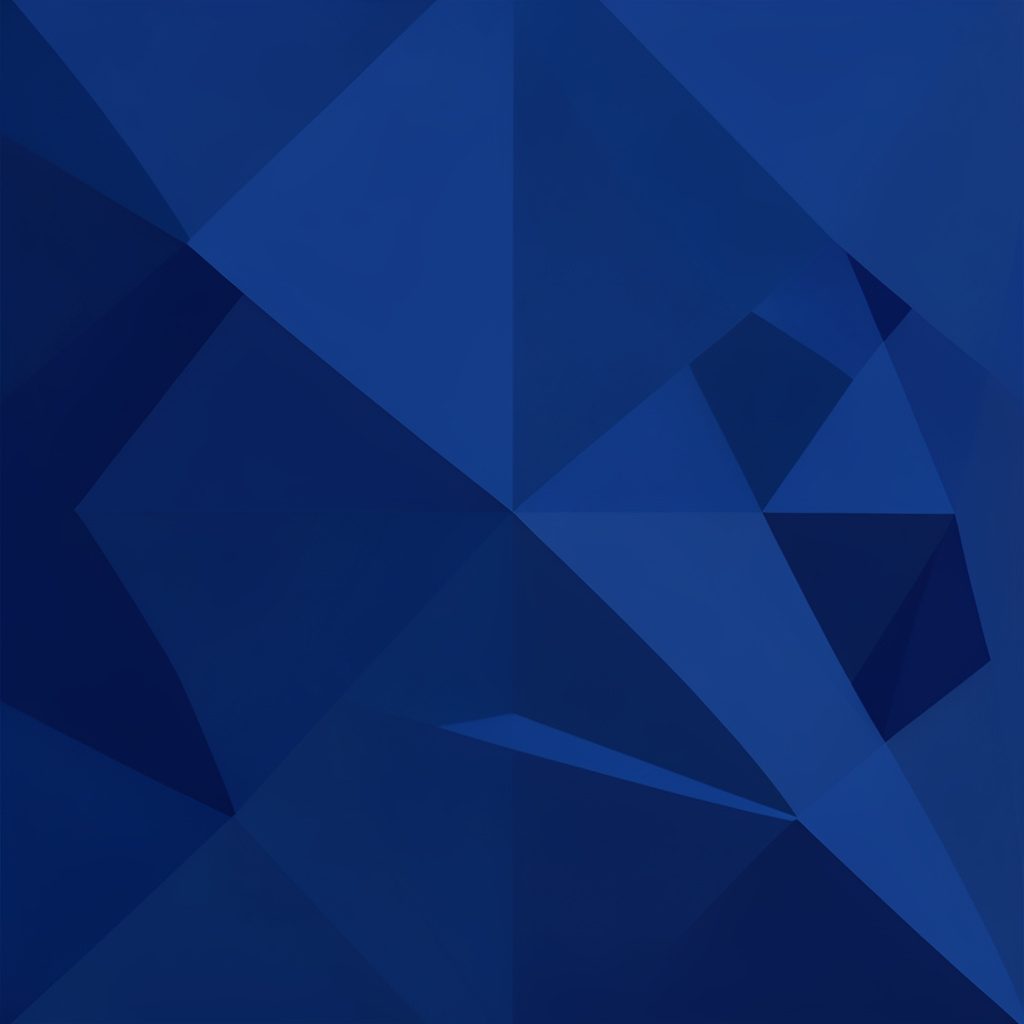 Low-poly faceted geometric portrait render in deep navy and steel blue tones, with a soft pale gray backdrop, calm and corporate mood.
